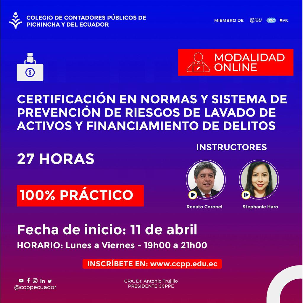ON LINE: Certificación en Normas y Sistema de Prevención de riesgos de lavado de activos – 09 mayo 2022